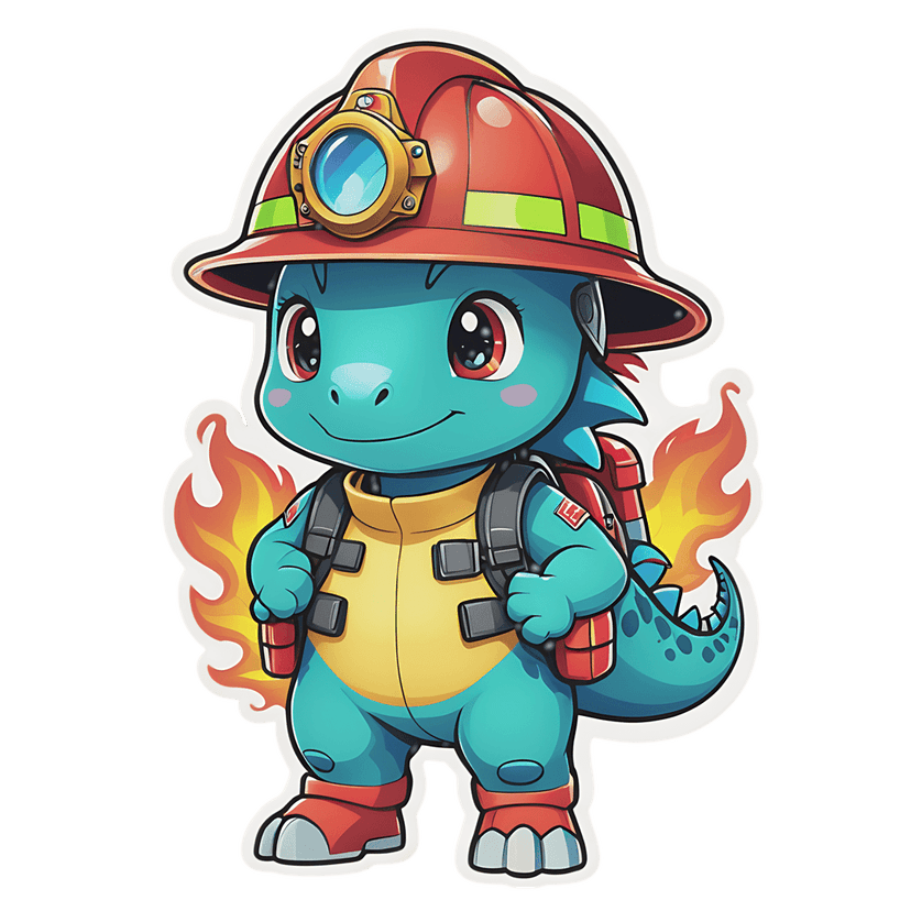 Firefighter dinosaur sticker character wearing a red helmet and yellow jacket standing before bright orange flames.