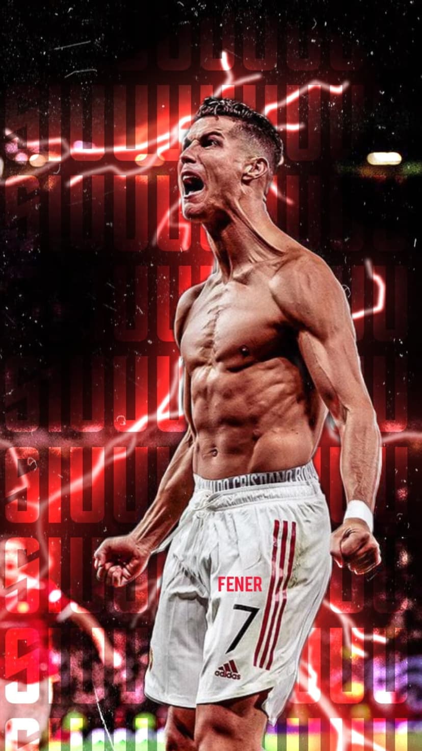 Cristiano Ronaldo flexes his torso during a victory celebration surrounded by striking red lightning bolts.