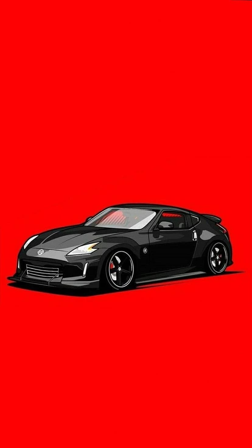 Black sports car with tinted windows and custom wheels against a solid red background in a vertical layout.