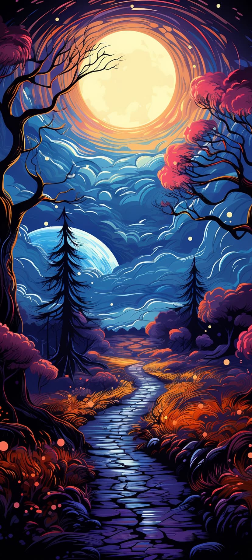 Winding stone path leading through a dark forest with neon pink leaves under a massive glowing blue moon and stars.