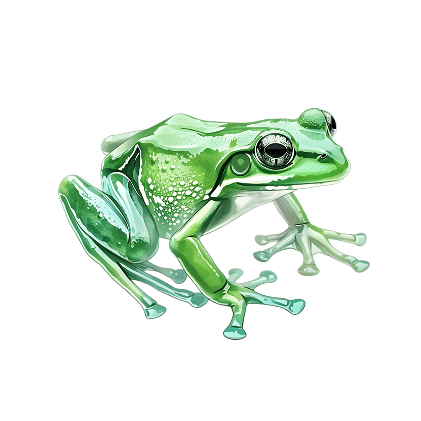 Green frog vector illustration with white spots and glossy skin shown from a top-down view on a black background.