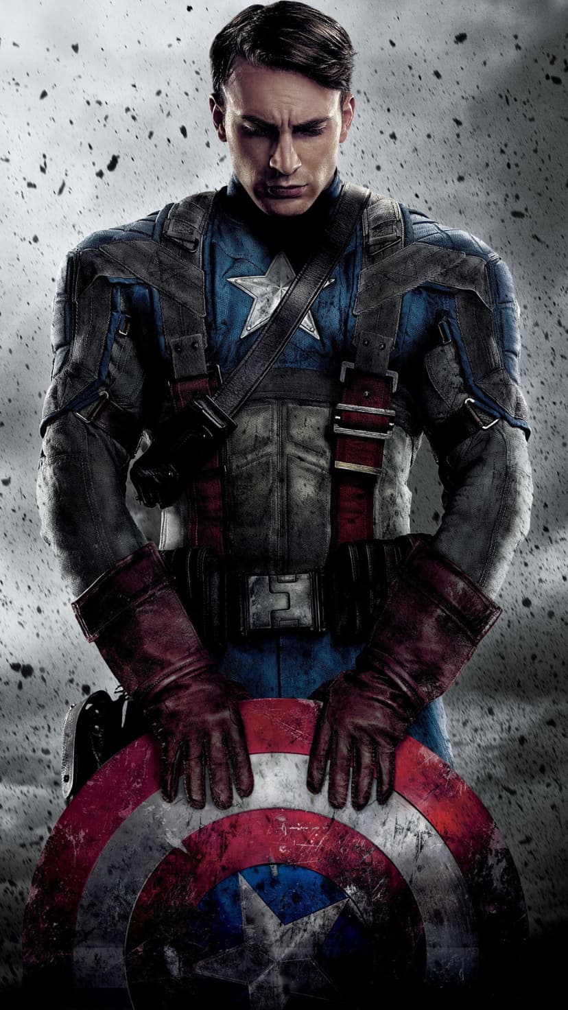 Captain America holds a distressed circular shield against a textured grey wall in a heroic standing pose.