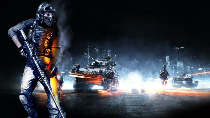 Tactical soldier with sniper rifle beside an armored vehicle and fighter jets in a dark city at night.