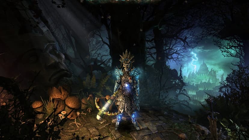 Armored warrior with a skull mask standing in a dark misty forest with a glowing green castle in the distance.