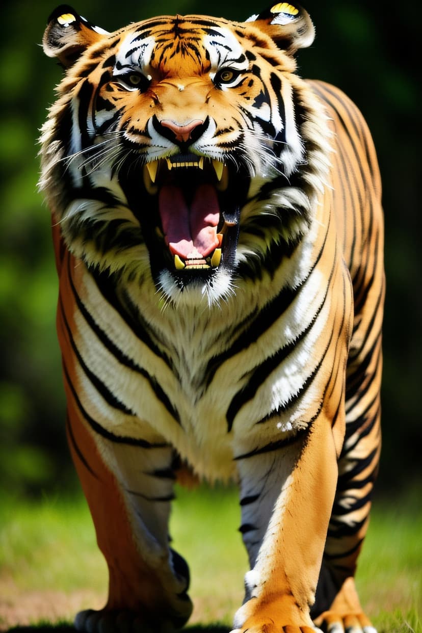 Tiger roars with mouth wide open showing sharp teeth and orange stripes against a blurred green forest background.