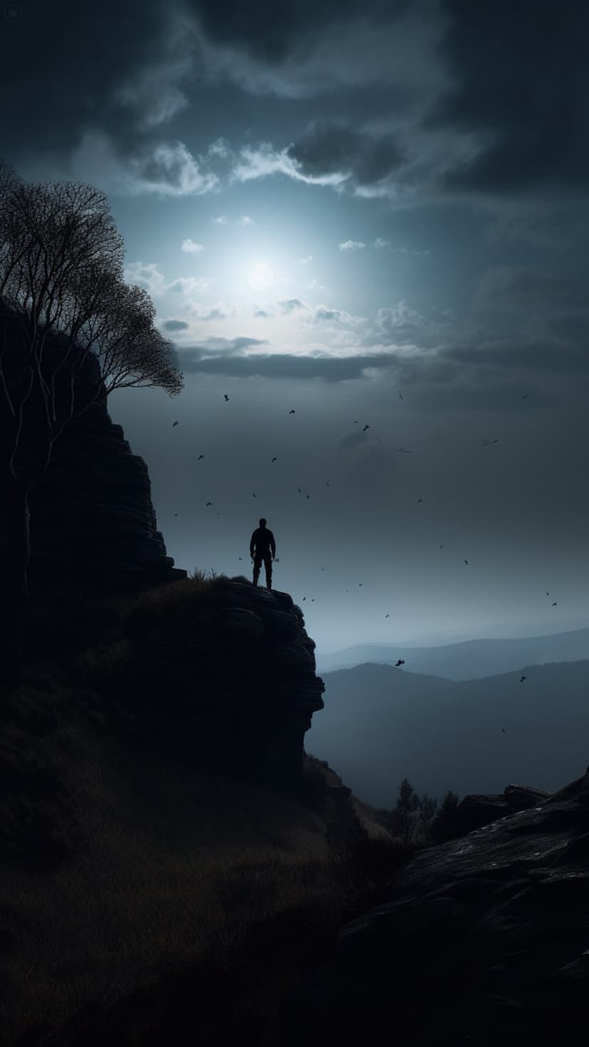 Solitary person standing on a jagged cliff edge overlooking misty mountain peaks under a dark, cloudy night sky.