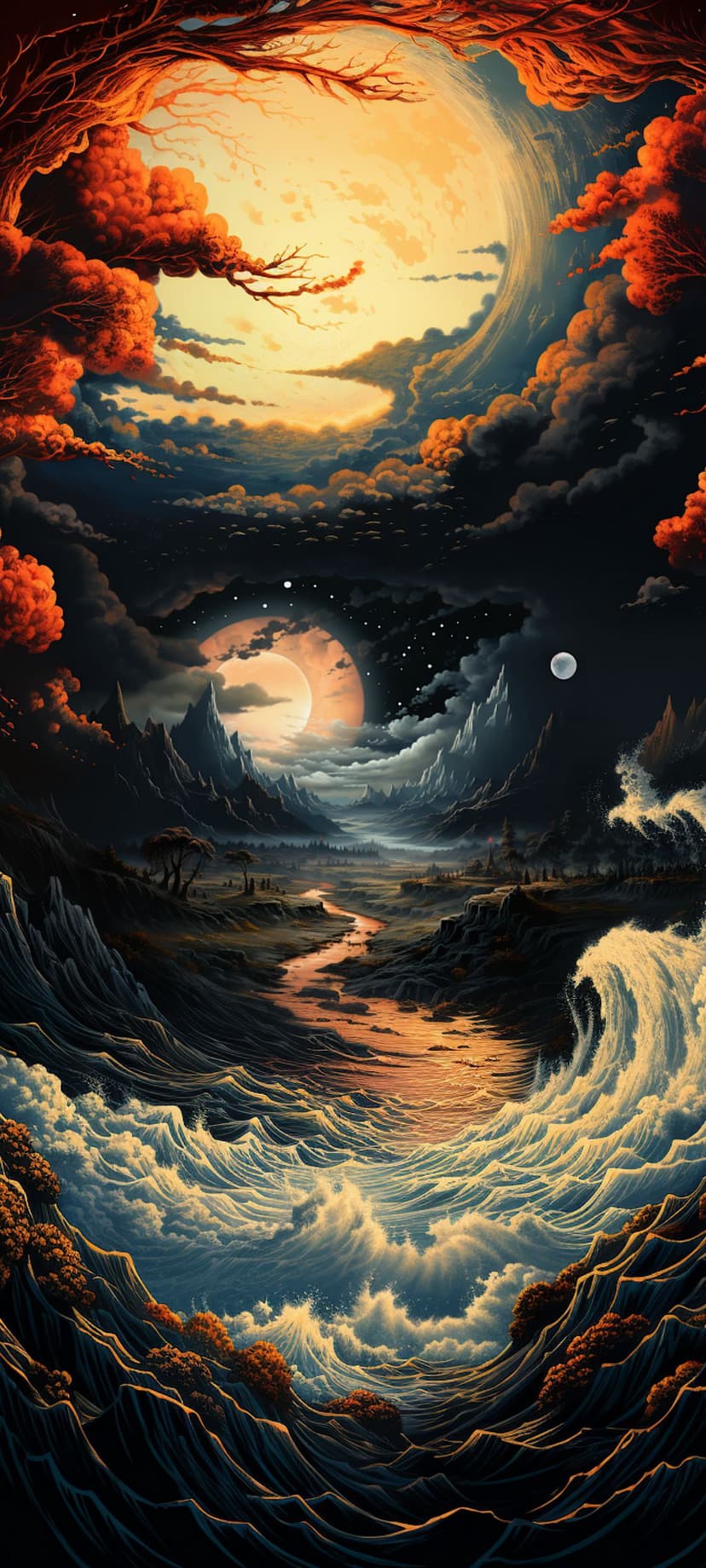 Glowing blue river waves crash between dark mountains under a large moon and swirling orange celestial clouds.
