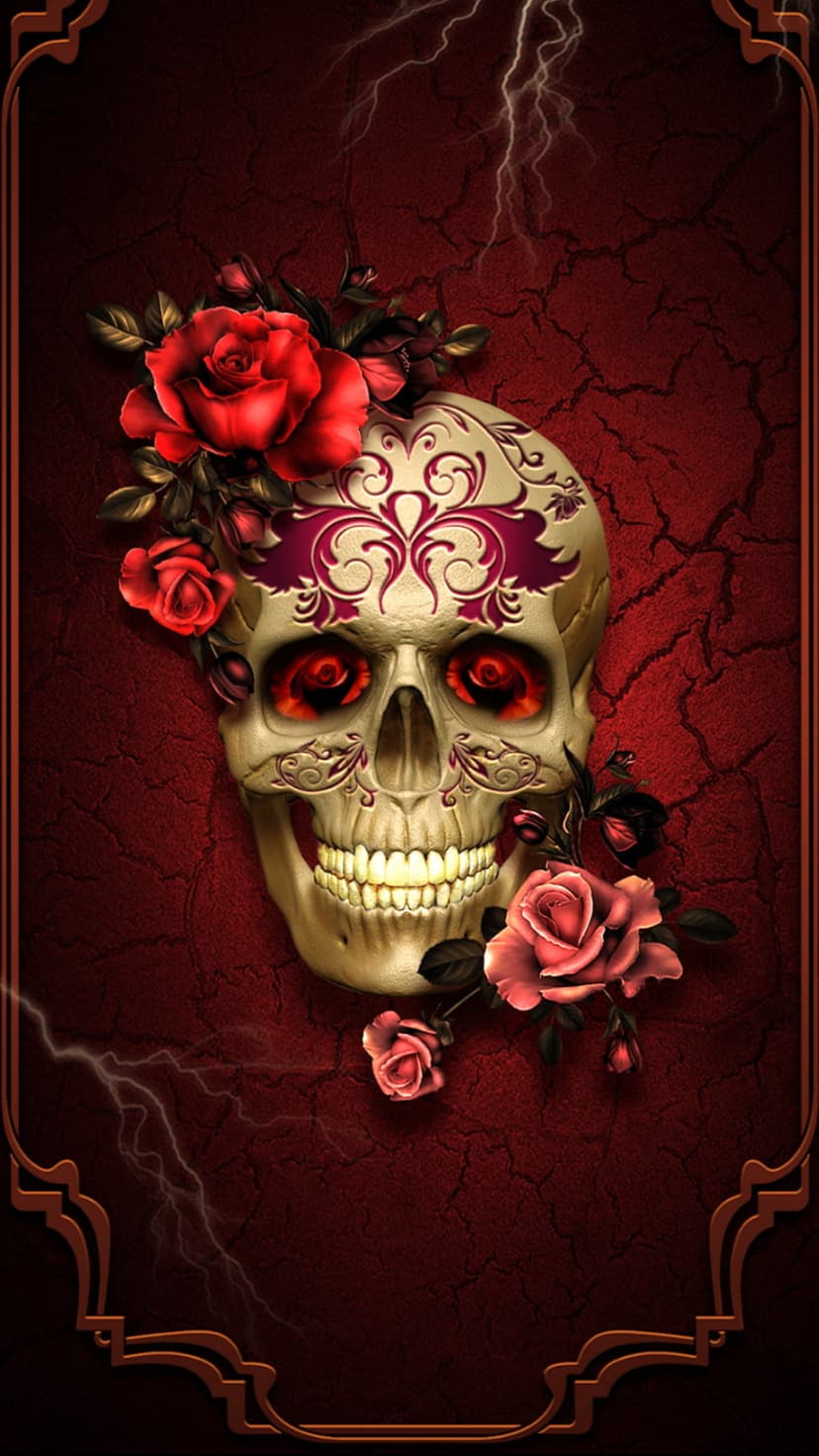 Ornate skull surrounded by deep red roses under crackling lightning bolts against a dark, textured background.