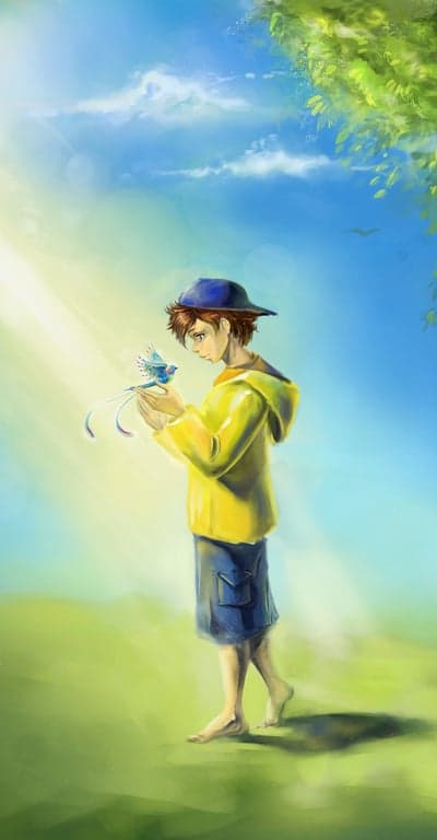 Boy Holding a Gentle Blue Bird in a Sunlit Field