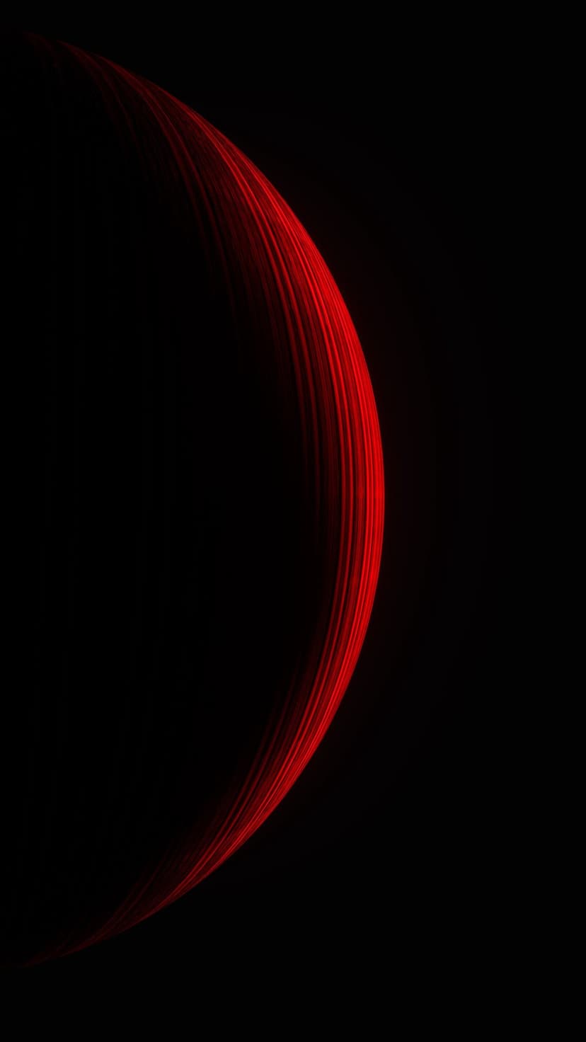 Red crescent shape formed by thin parallel lines glowing against a dark black background with deep contrast.