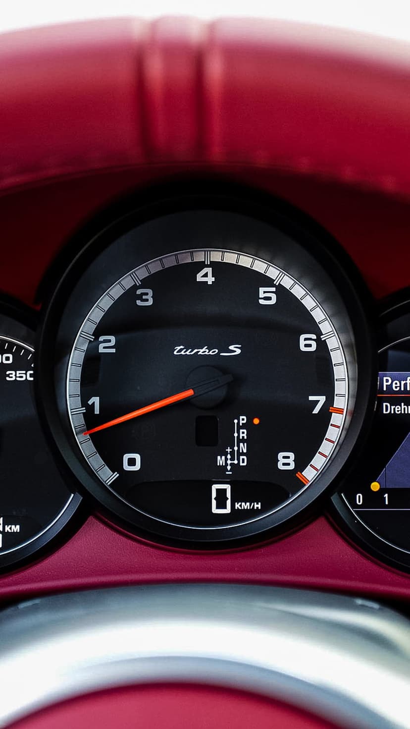 Porsche Turbo S tachometer with an orange needle and digital performance display set against a red dashboard.