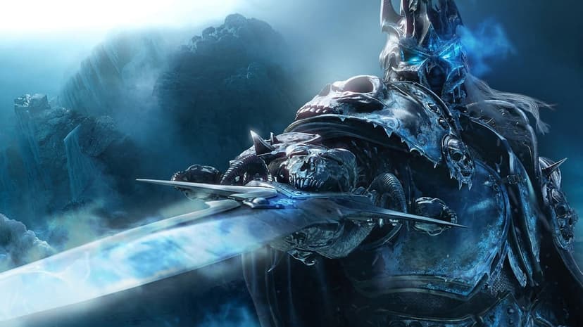 Arthas the Lich King holding Frostmourne with glowing blue eyes and armor against a frozen mountain background.