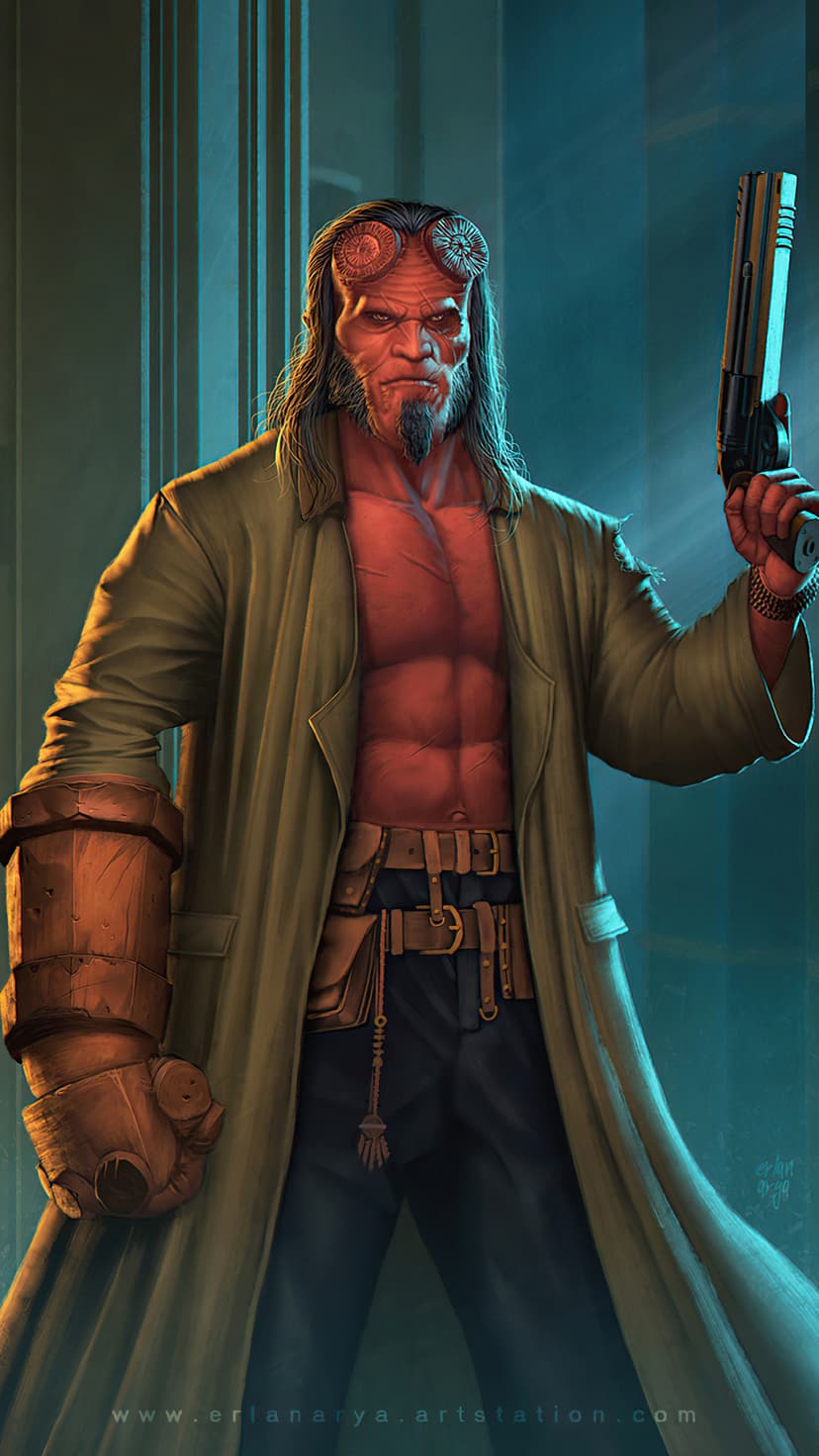 Hellboy with crimson skin and a metallic prosthetic arm wears an open trench coat in a dimly lit vertical scene.