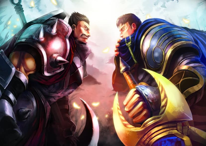 Darius and Garen face off in heavy armor with intense expressions against a bright, glowing background.