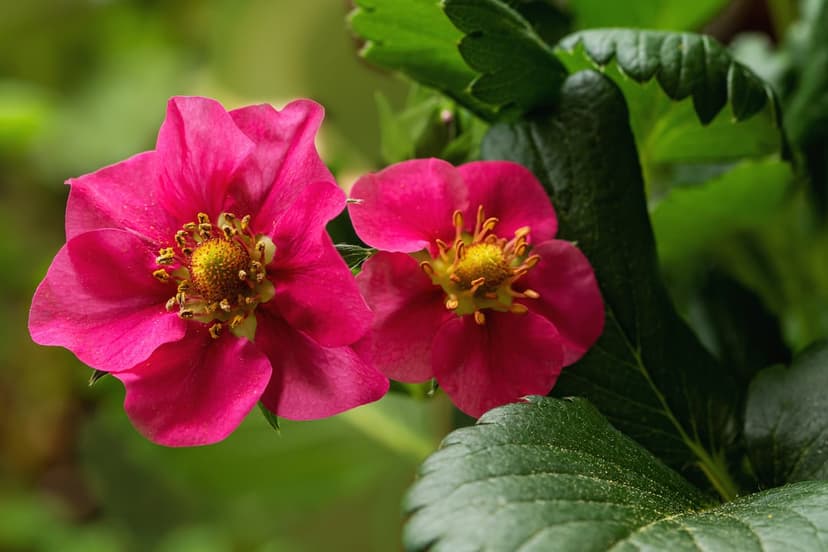 Two pink strawberry flowers with yellow centers surrounded by textured green leaves in a close-up garden view.