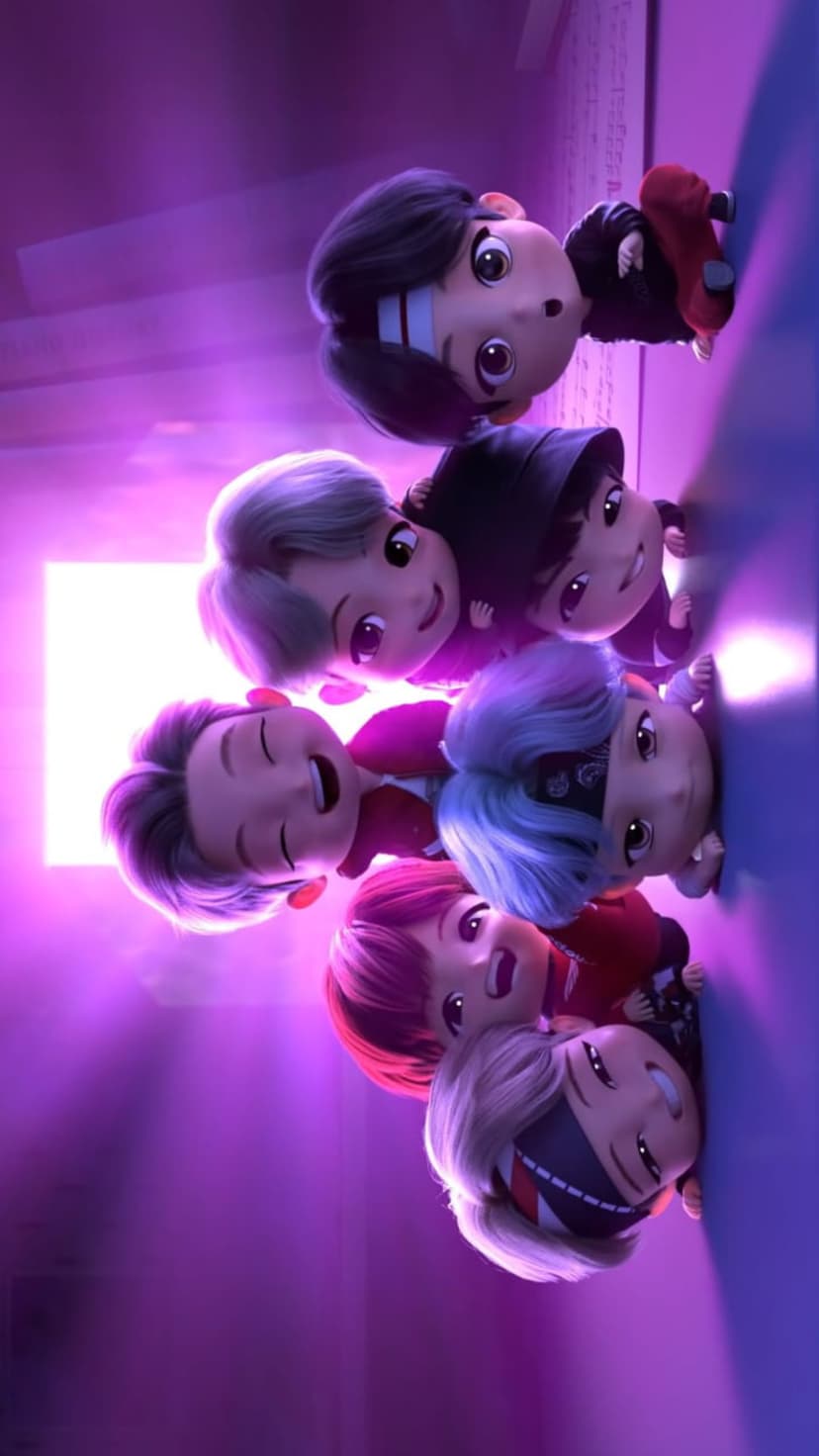 Stylized 3D characters with large eyes and colorful hair glow under vibrant purple and pink neon lighting.