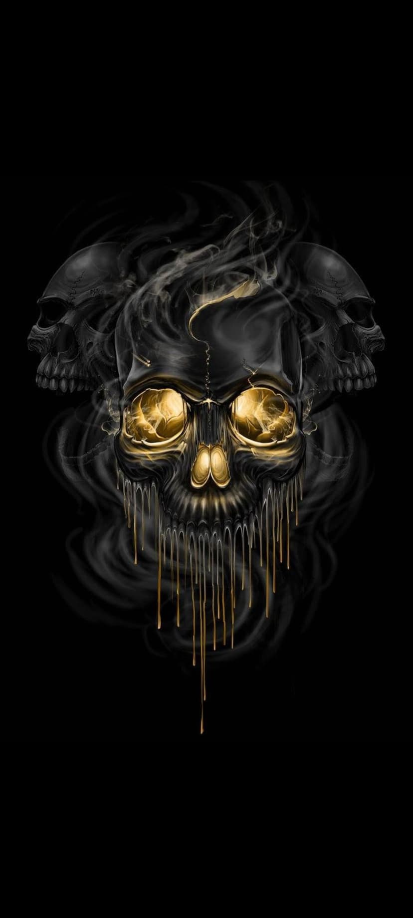 Golden skull with liquid metal dripping from the jaw sits centered among smoky ethereal faces and black shadows.