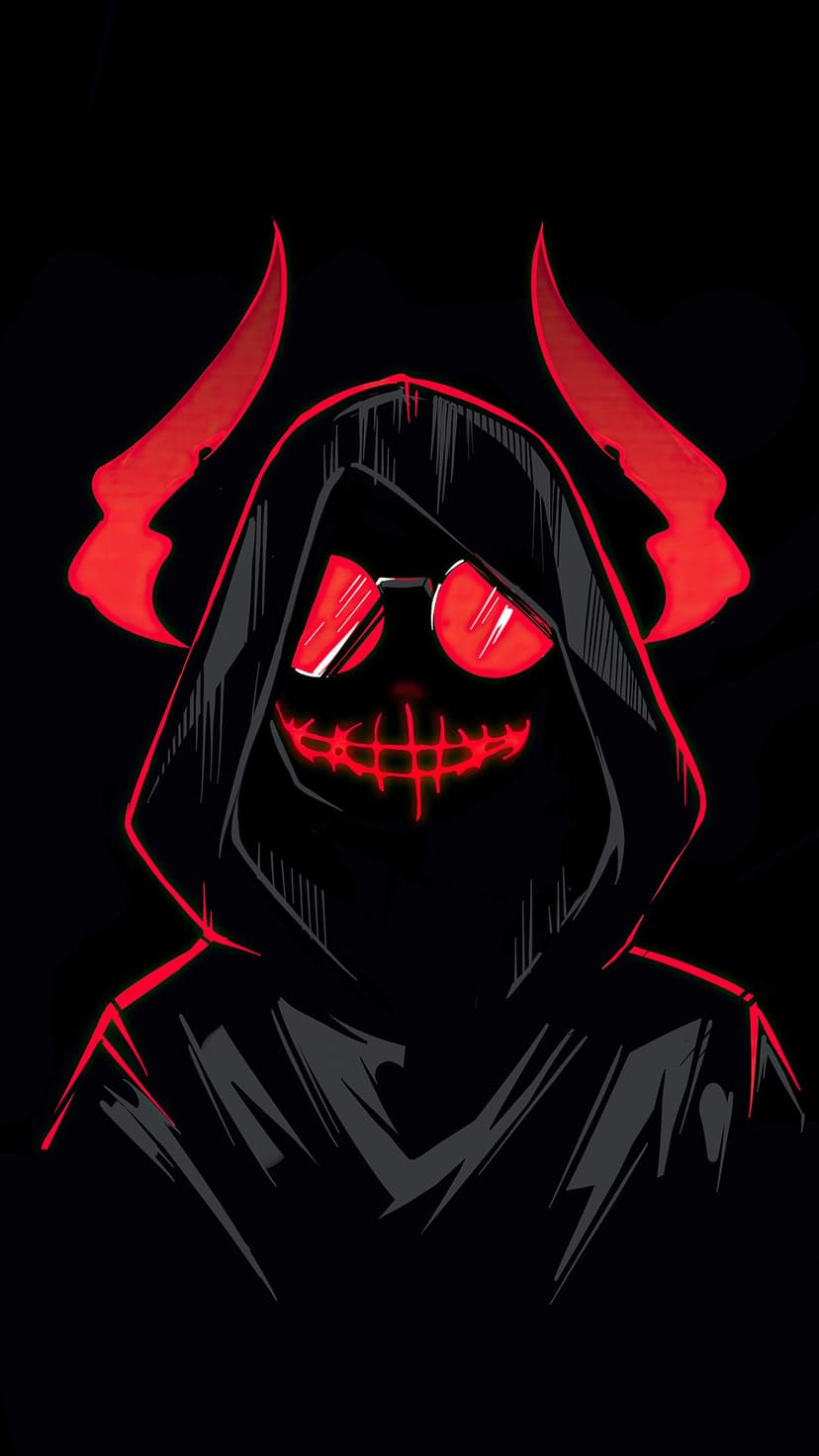 Hooded figure with glowing red devil horns, sunglasses, and a stitched mouth set against a black background.