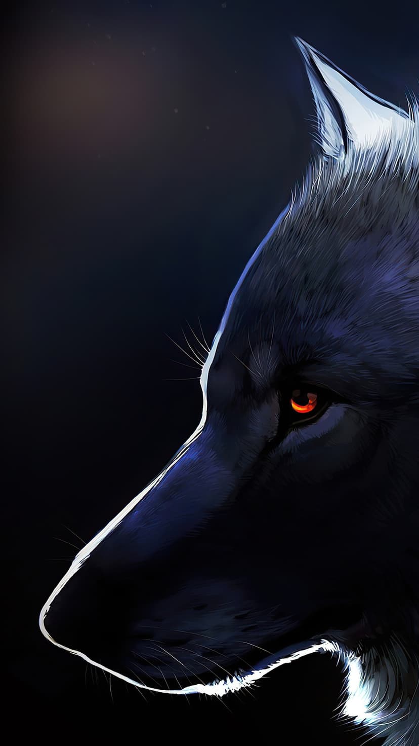 Wolf head with dark fur and a single glowing orange eye staring forward against a black shadowy background.