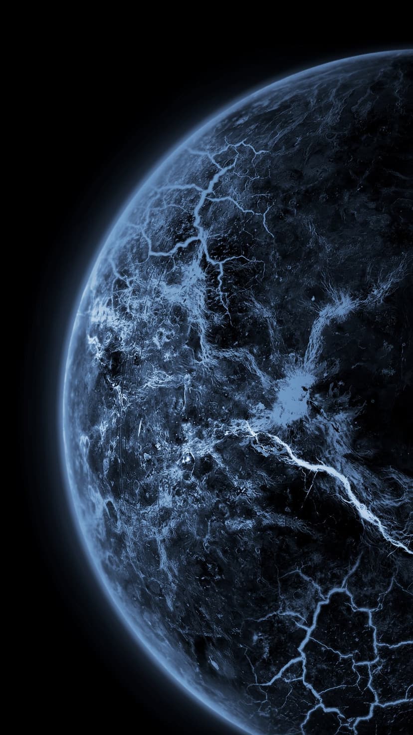 Glowing blue cracks web across a dark rocky planet surface surrounded by the black void of deep outer space.