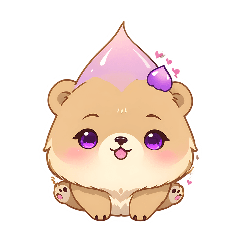 Beige bear sticker illustration features purple eyes, pink heart accessories, and a white border for visibility.
