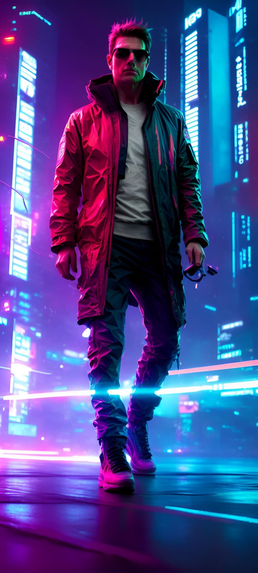 Man wearing a red and blue jacket strolls through a neon-lit futuristic alleyway between glowing skyscrapers.