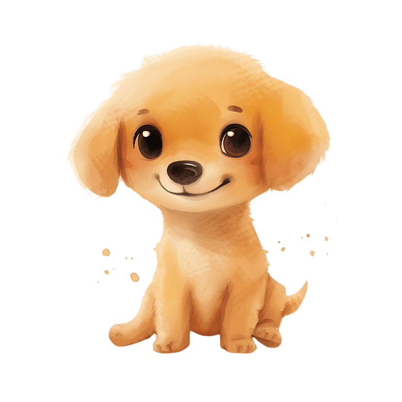 Seated golden retriever puppy watercolor art with soft amber fur and dark eyes isolated on a black background.