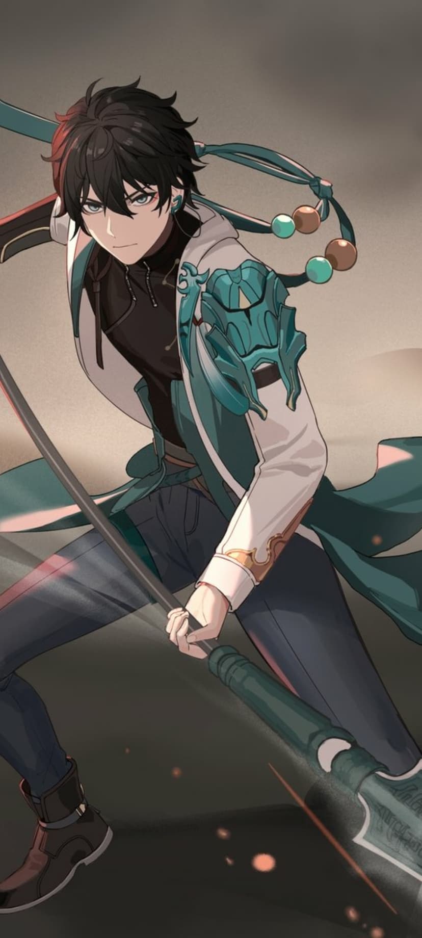 Dark-haired male warrior in a white jacket holds a green spear against a muted landscape with teal armor accents.