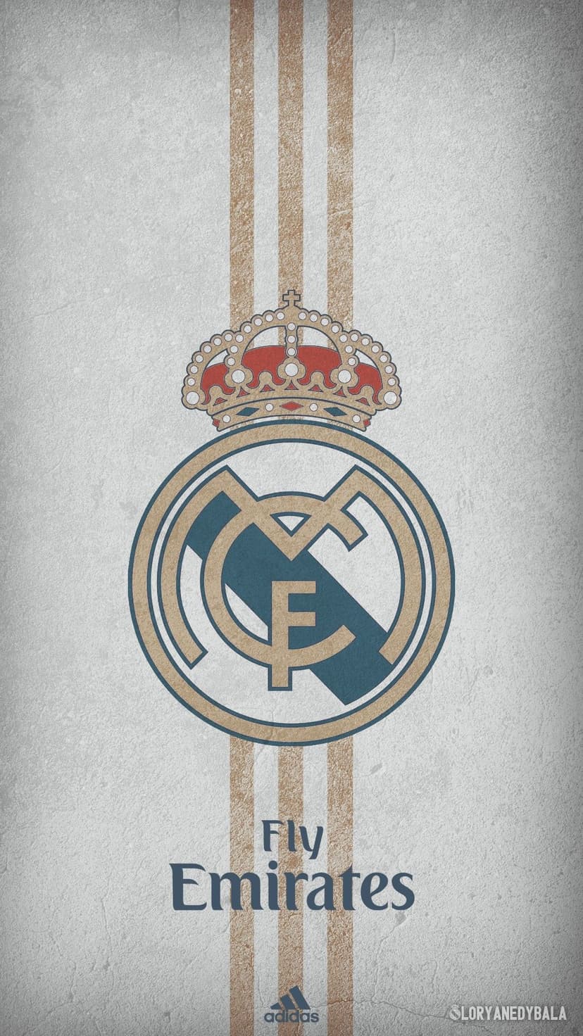Real Madrid crest with a gold crown centered over beige stripes and a white background on a phone screen display.