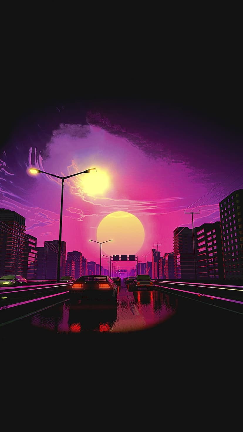 Classic cars travel down a wet urban road toward a vibrant purple and pink sunset between glowing skyscrapers.