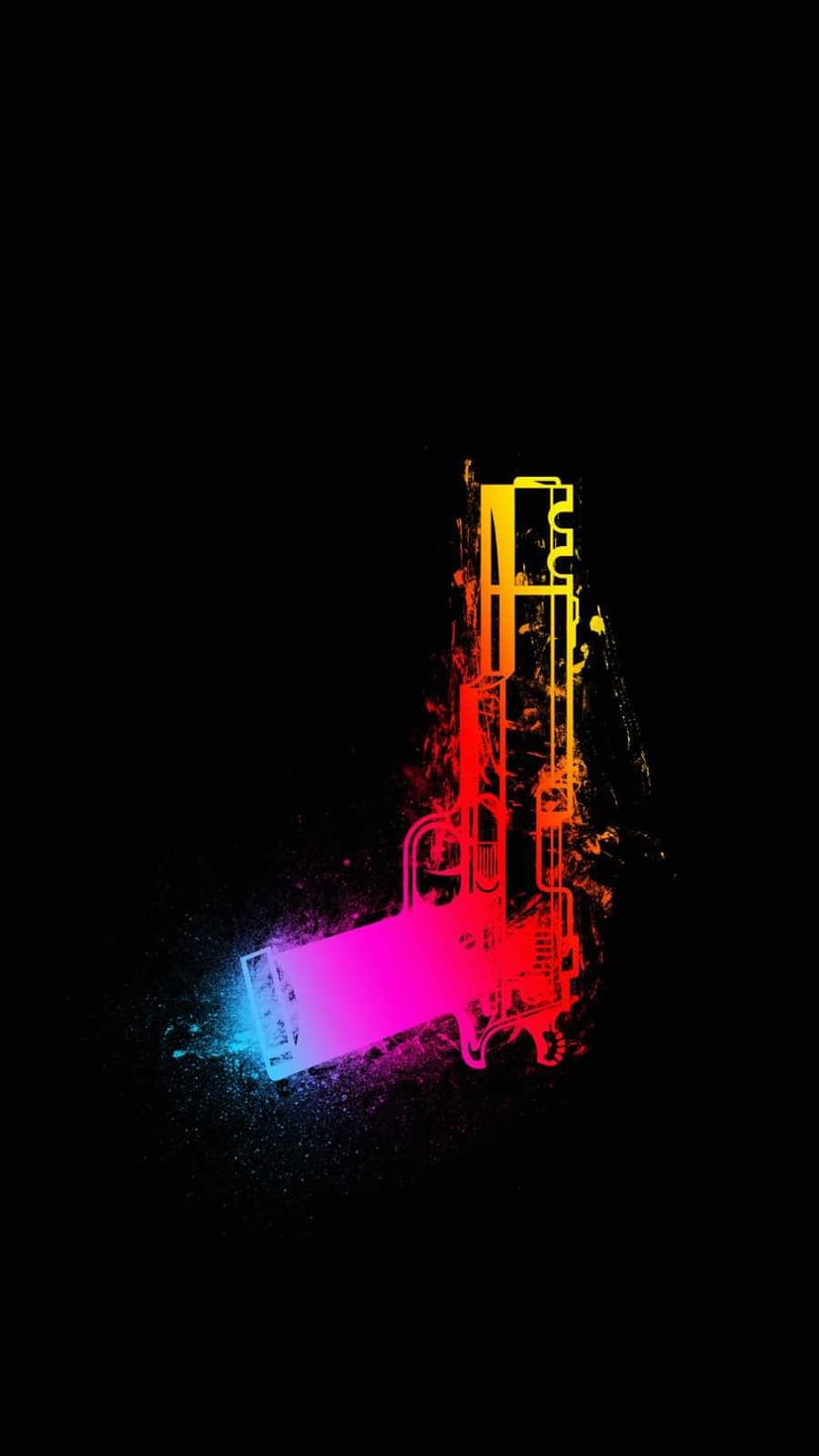 Handgun silhouette glowing with electric blue and pink neon vapor trails against a solid black background.