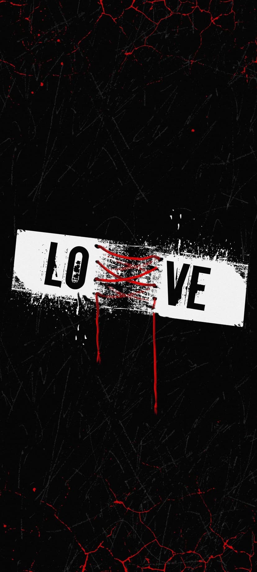 LOVE text on a stitched white banner with blood splatters and scratches on a dark vertical background.
