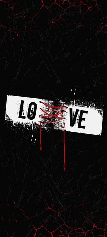 Distressed "LOVE" text with red stitching and blood splatters