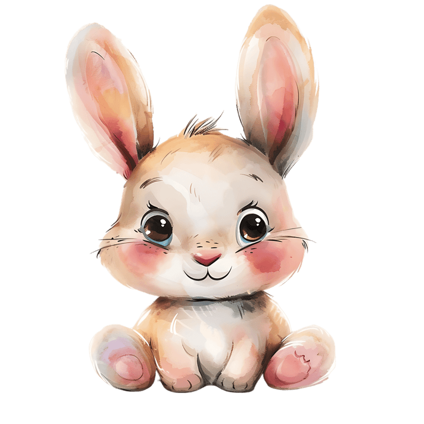 Watercolor baby rabbit illustration with floppy ears, expressive brown eyes, and soft pink pastel accents.