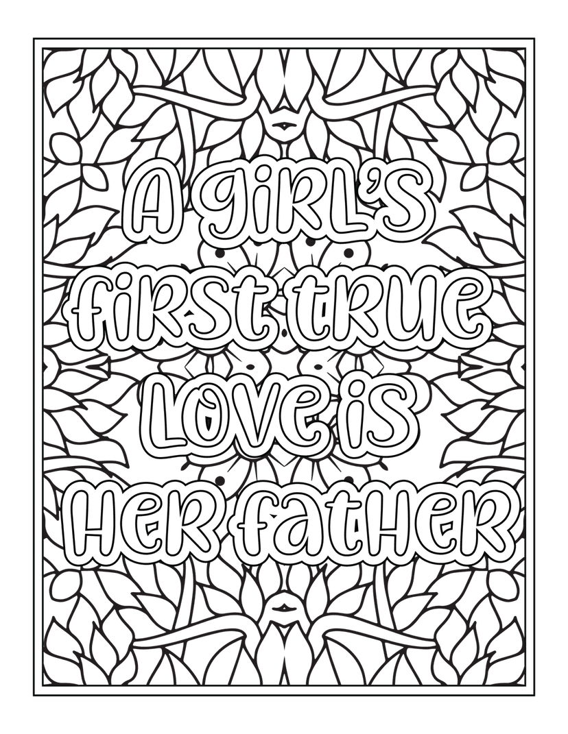 Father daughter quote in white decorative font centered inside a black circular floral mandala pattern.