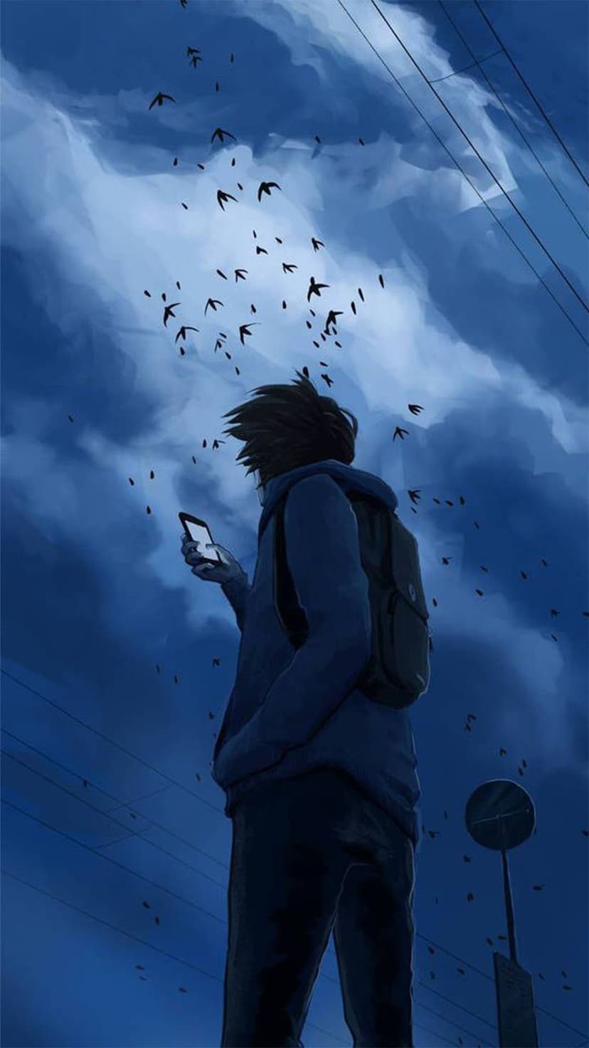 Person in a hooded jacket looks at a phone screen while birds circle beneath a dark, moody storm cloud background.