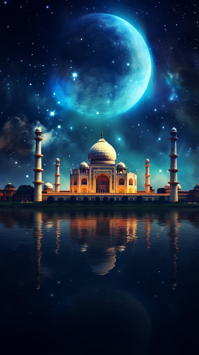 Taj Mahal monument reflects in water under a large blue moon and star-filled night sky for phone screens.
