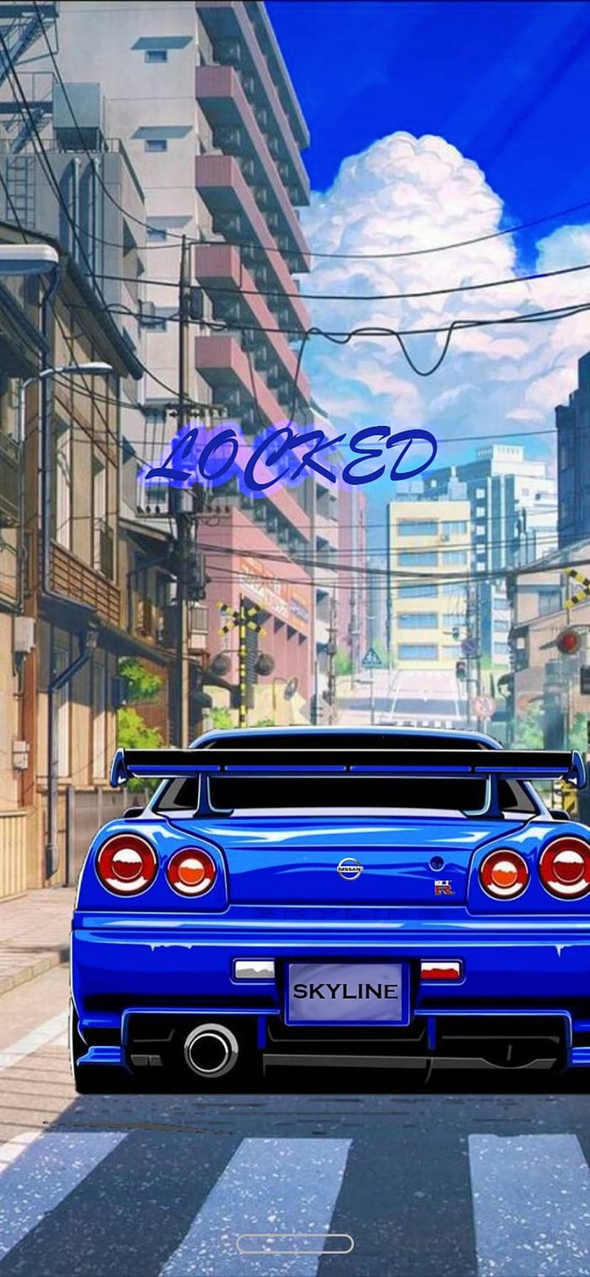 Blue Nissan Skyline parked on an urban anime street with power lines, clouds, and a neon locked sign overhead.
