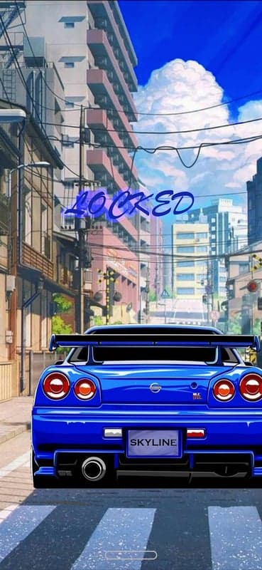 Blue Nissan Skyline R34 Anime City Night Mobile Background