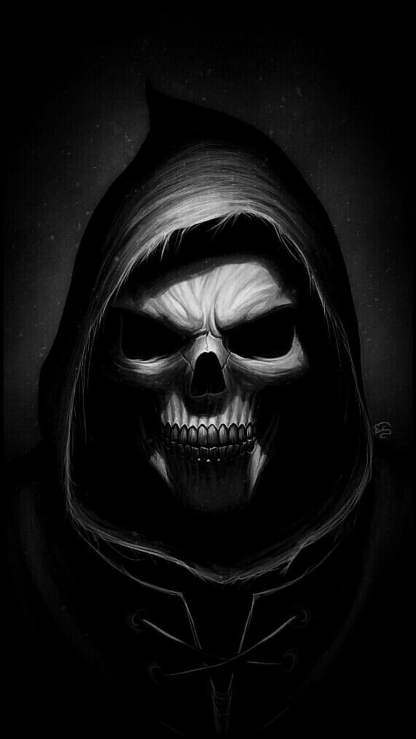 Grim reaper skull peering from a dark hooded cloak with high-contrast black and white shading and deep shadows.