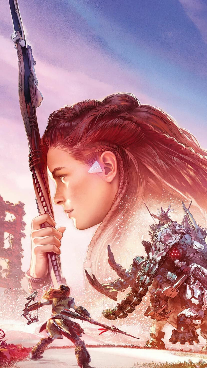 Aloy in profile with red braided hair above a foreground scene of her fighting a mechanical Tremortusk beast.