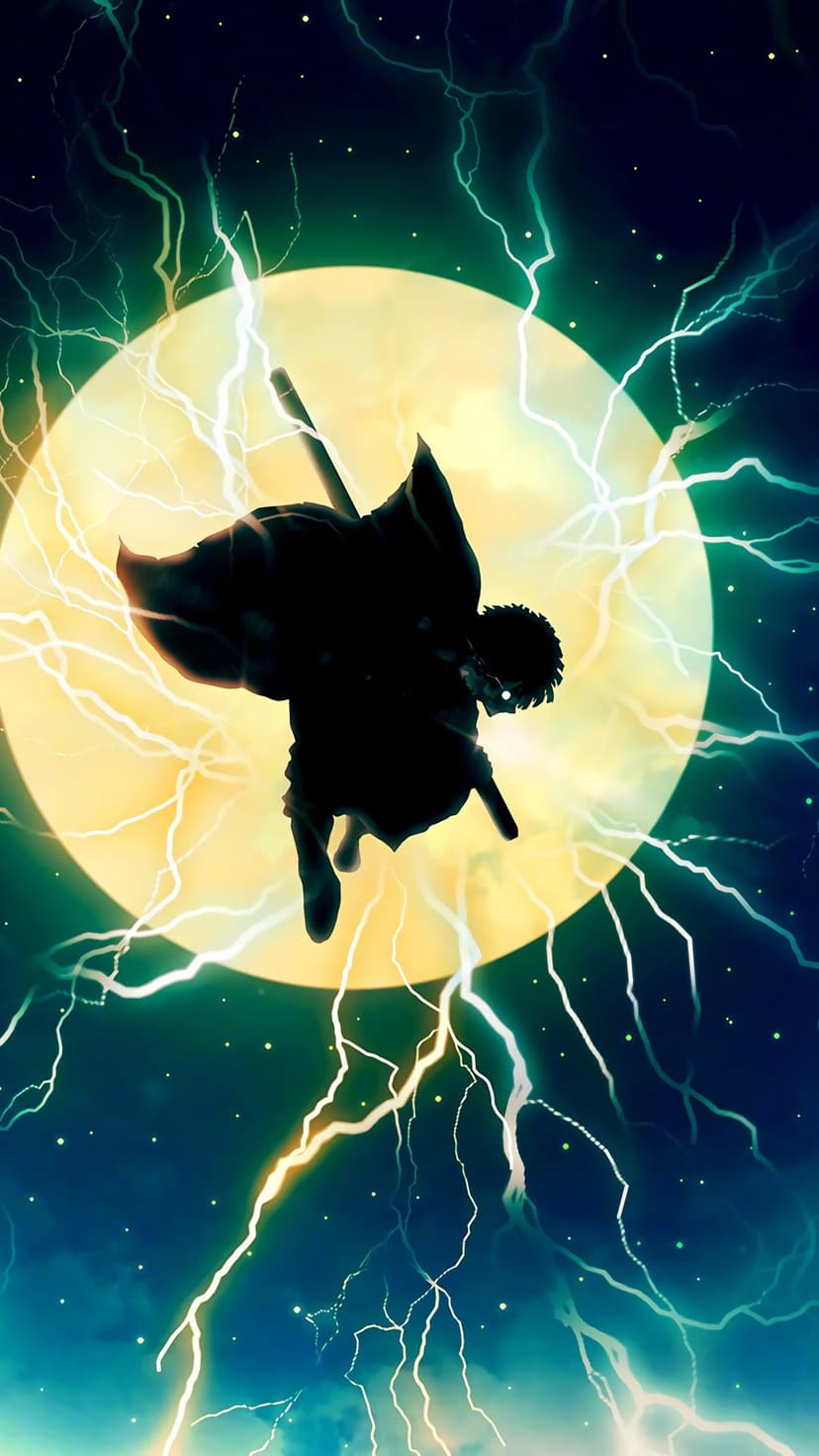 Zenitsu Agatsuma silhouetted against a giant yellow moon with blue and yellow lightning bolts in a dark sky.