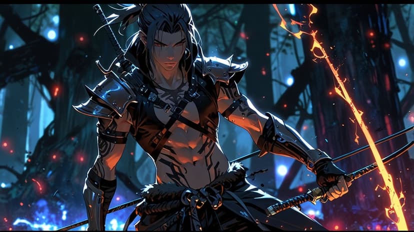Male warrior with a bow and glowing arrow standing in a dark forest with bioluminescent lights and shadows.