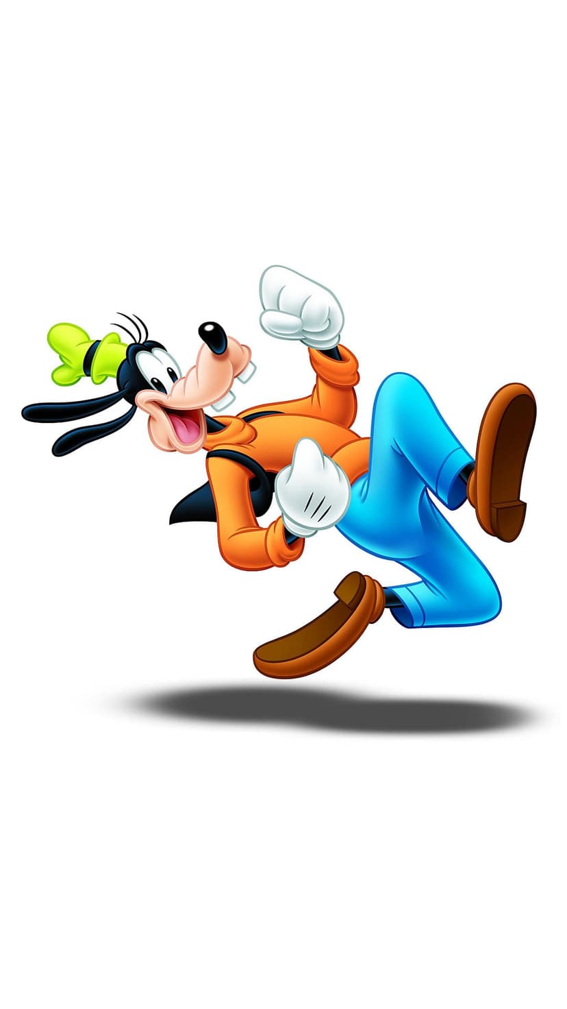 Goofy wears an orange shirt and blue pants while leaping forward with his long black ears and green hat visible.