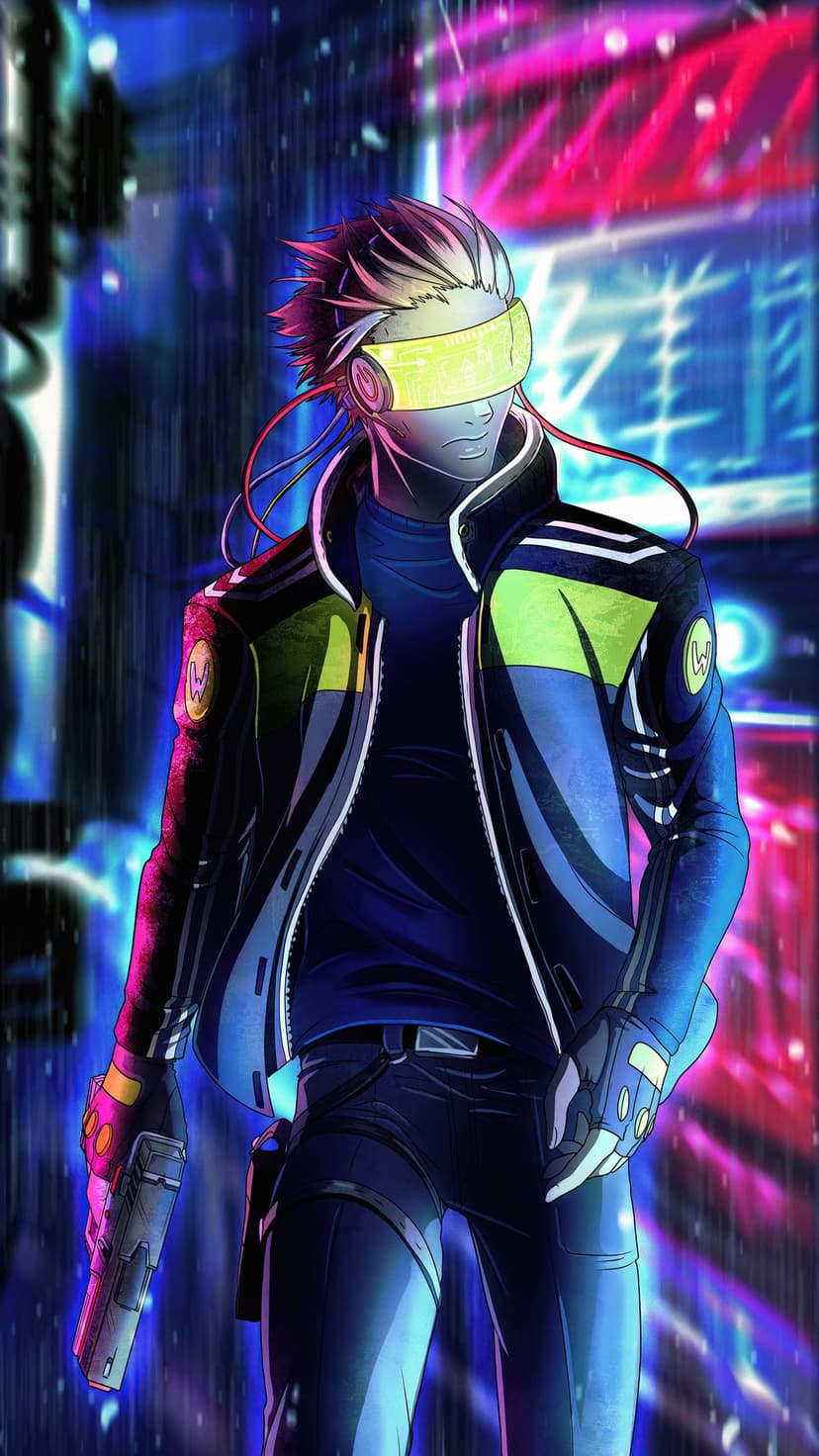 Futuristic mercenary holding a gun stands in a dark, neon-lit rainy street wearing a glowing visor and coat.