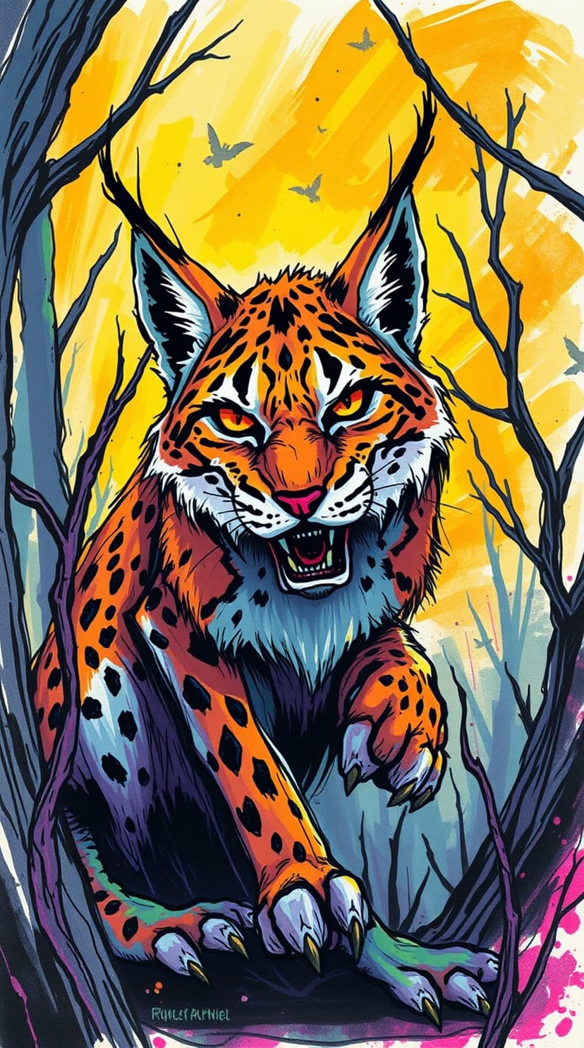 Bobcat snarling with sharp teeth and yellow eyes, featuring orange fur with blue and purple highlights.