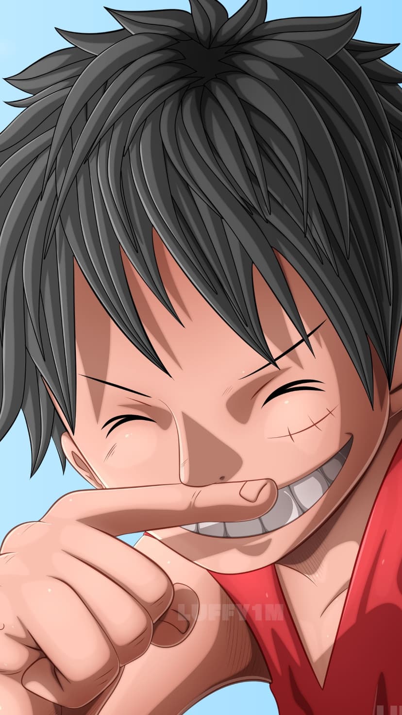 Monkey D. Luffy displays a wide grin and a curved scar under his left eye within a high-detail close-up frame.