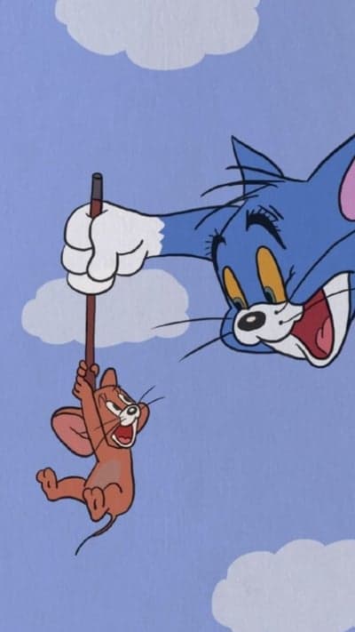 Tom and Jerry cartoon scene in blue sky with clouds