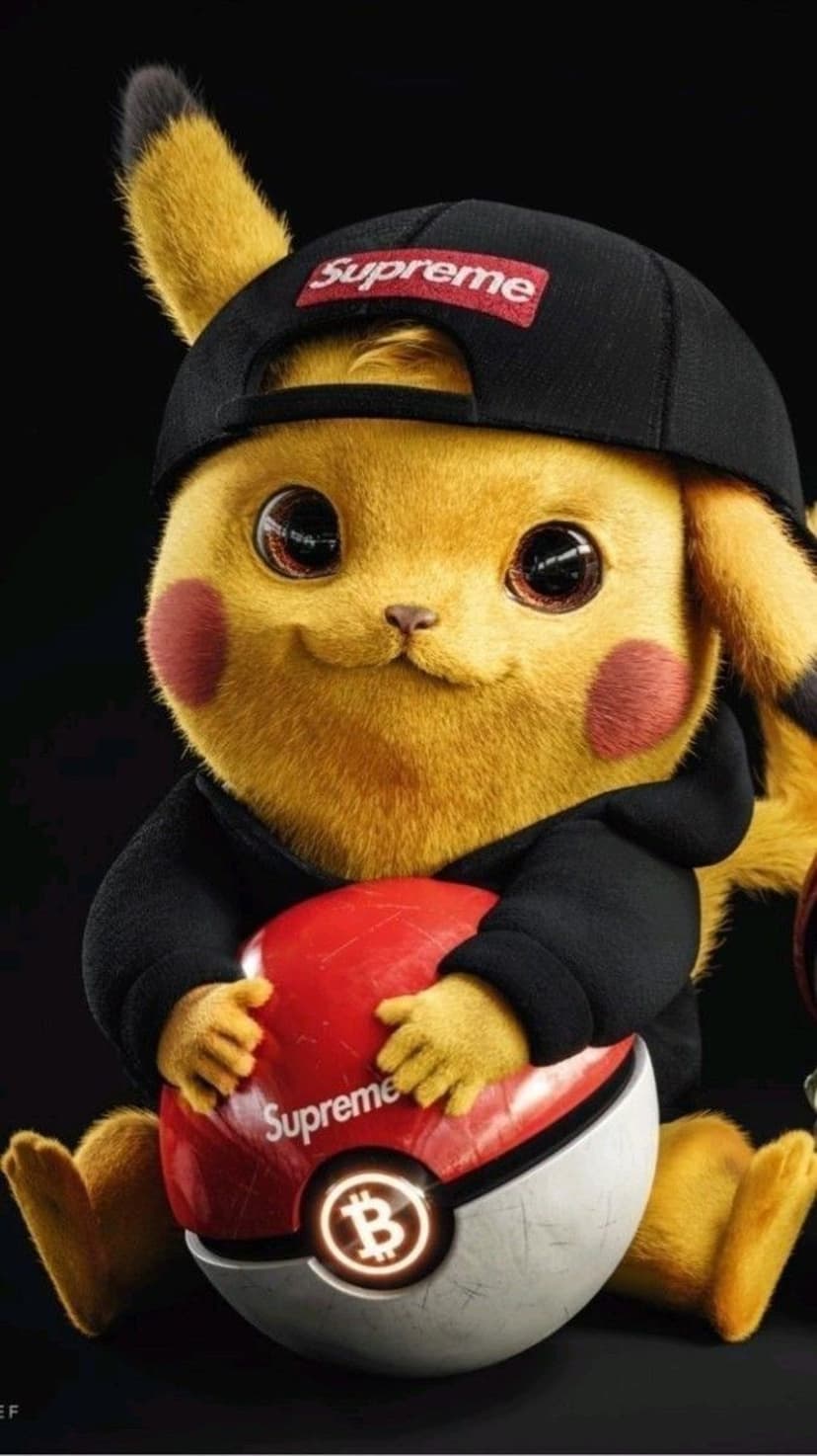 Pikachu wearing a black hoodie and Supreme cap holds a Pokeball with a Bitcoin logo against a dark background.