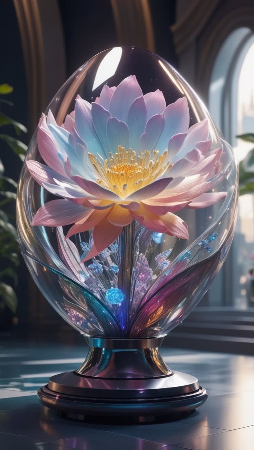 Pink and blue lotus flower inside a glass orb resting on a lit pedestal with ethereal glowing accents.